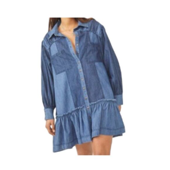 Free People Sunburst Denim Mini Dress Boho Cloud Combo Small NWT - Picture 1 of 2
